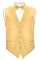 Mens Paisley Slim Fit Dress Vest Bow Tie Gold Color BowTie Hanky Set