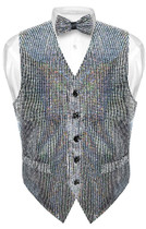 Mens SEQUIN Design Dress Vest & Bow Tie Silver Color BowTie Set