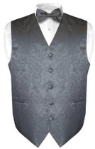 Mens Paisley Design Dress Vest Bow Tie Charcoal Grey Color BowTie Set