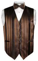 Mens Dress Vest BowTie Dark Brown Color Woven Striped Bow Tie Set