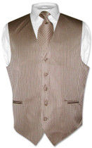 Mens Dress Vest NeckTie Mocha Lt. Brown Vertical Striped Neck Tie Set