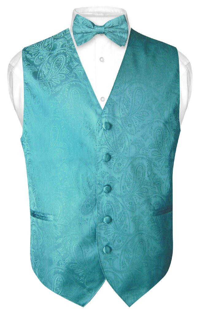 Mens Paisley Design Dress Vest Bow Tie Turquoise Aqua Blue BowTie Set