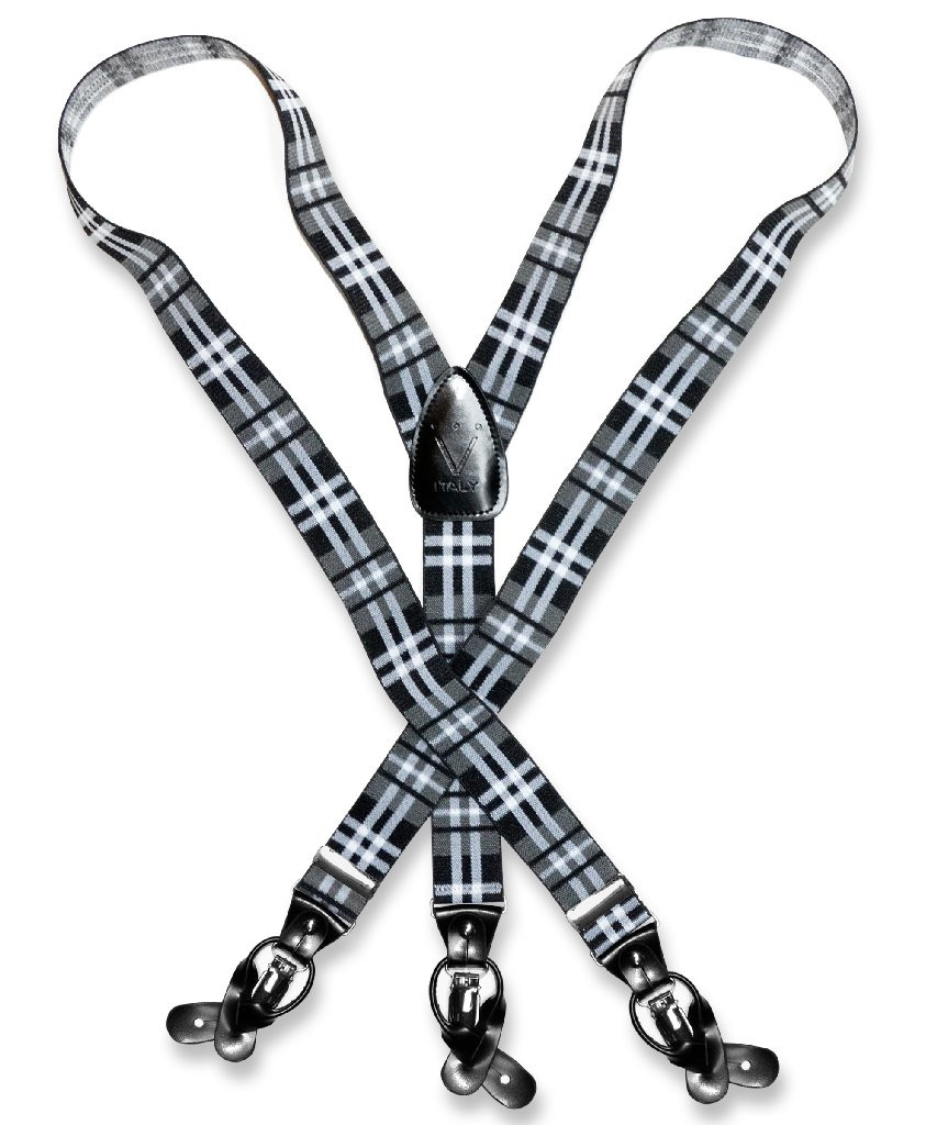 Mens Plaid Design Black GREY White Suspenders Y Shape Buttons & Clips