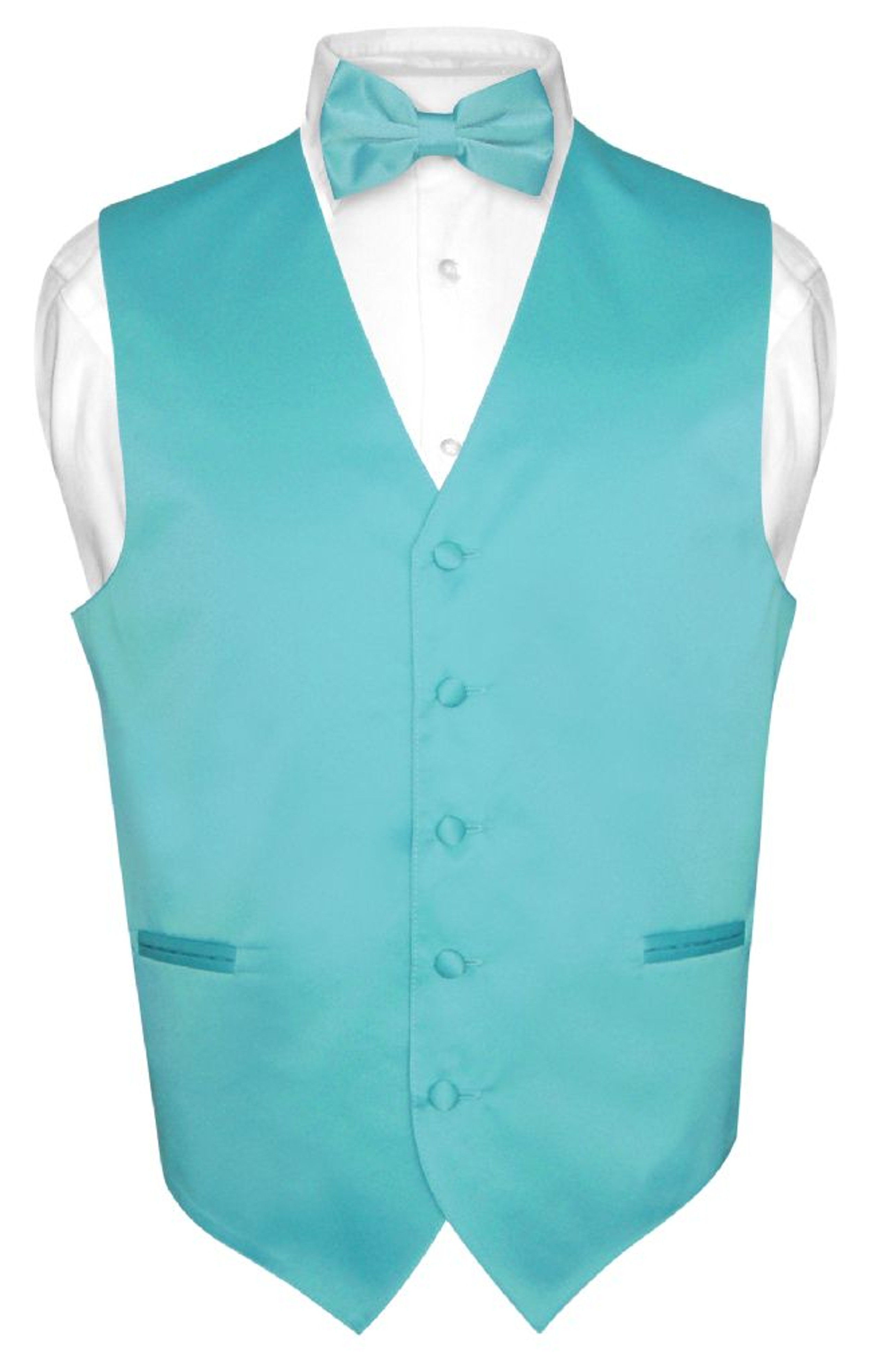 Mens Dress Vest & BowTie Solid Turquoise Aqua Blue Color Bow Tie Set