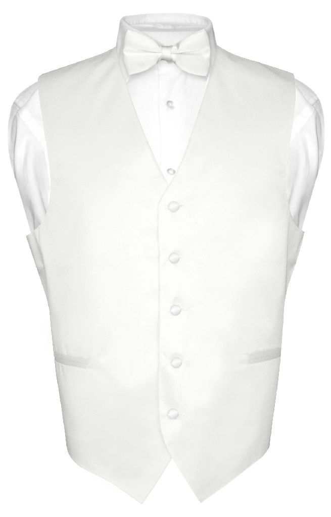 Mens Dress Vest & BowTie Solid White Color Bow Tie Set