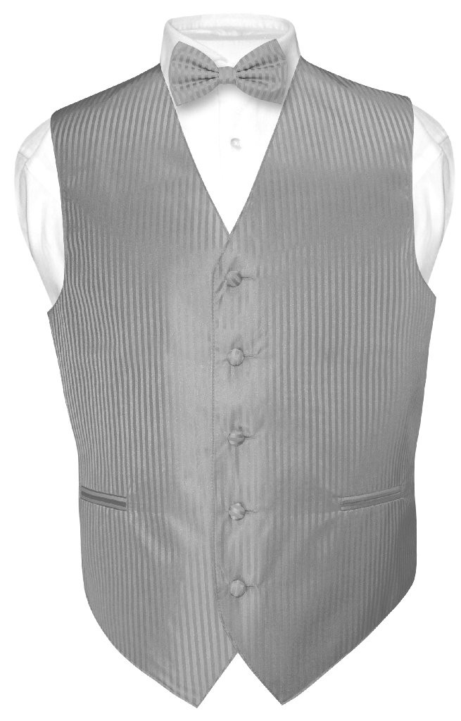 Mens Dress Vest BowTie Silver Grey Vertical Striped Gray Bow Tie Set
