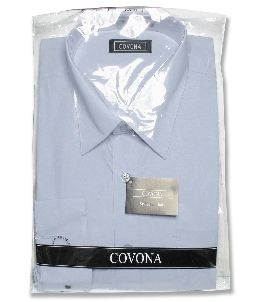 Covona Mens Solid Powder Blue Dress Shirt with Convertible Cuffs