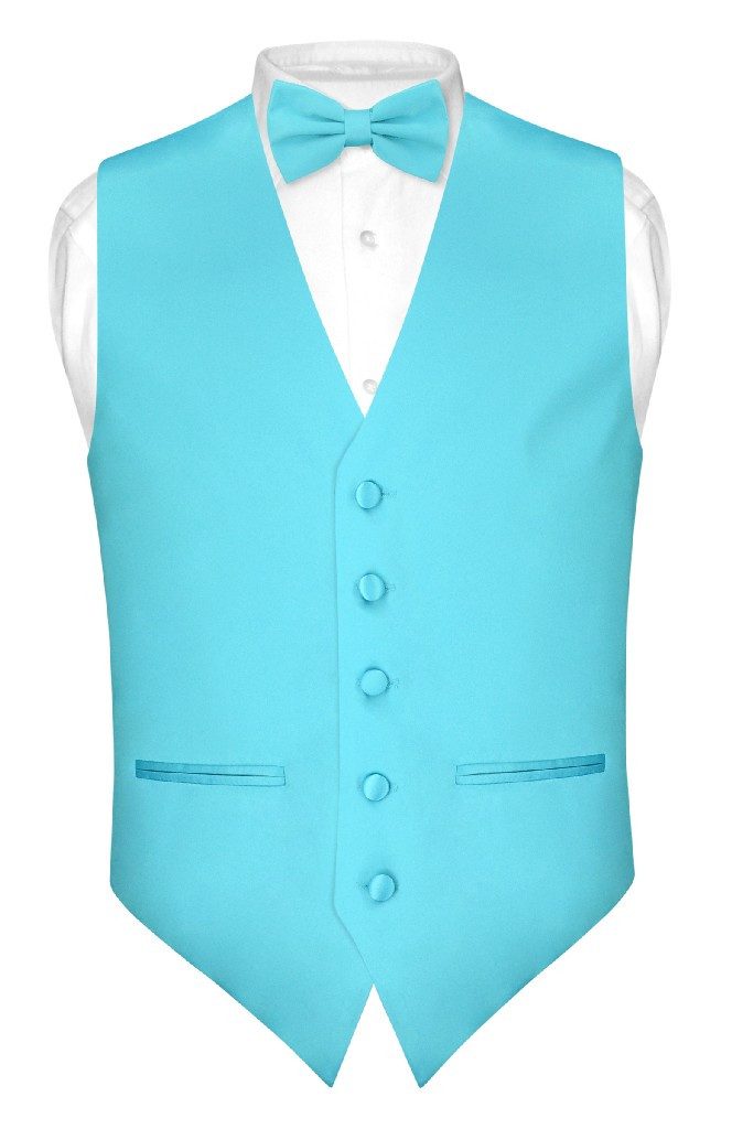 Mens Slim Fit Dress Vest BowTie Turquoise Aqua Blue Bow Tie Hanky Set