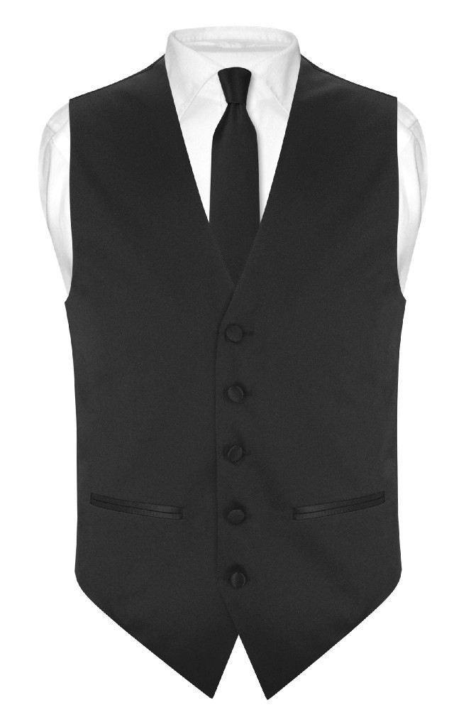 Slim Fit Black Vest Mens Solid Color Dress Vest NeckTie Hanky Set