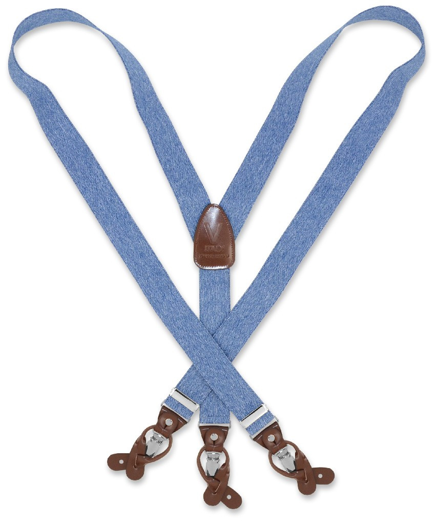 Mens Blue Jeans Suspenders Y Shape Back Button & Clip Convertible