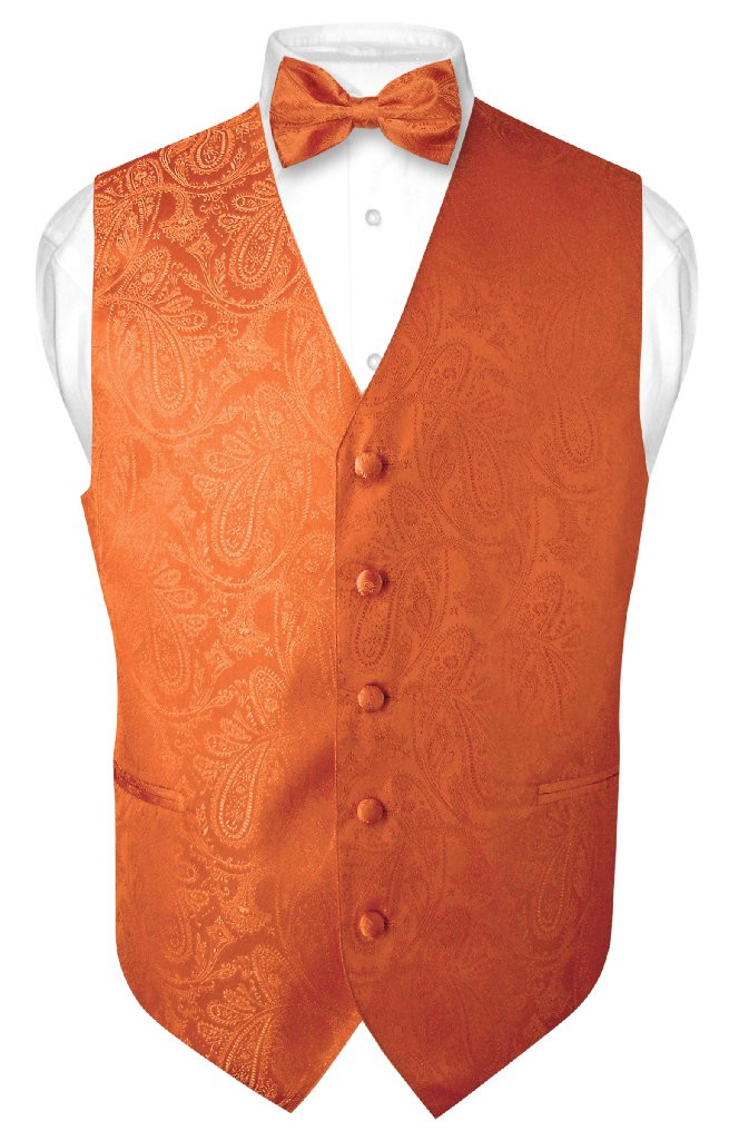 Mens Paisley Design Dress Vest & Bow Tie Burnt Orange Color BowTie Set