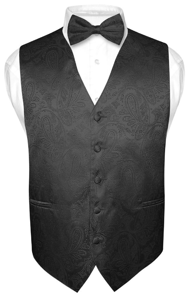 Black Paisley Bow Tie And Black Paisley Tuxedo Vest Set For Men