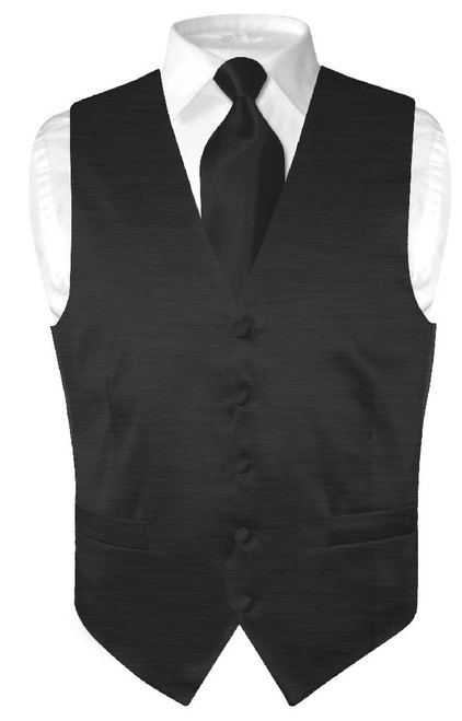 Biagio Mens Solid Black Bamboo Silk Dress Vest Neck Tie Set size 2XL