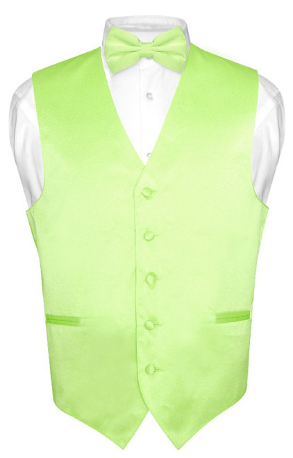 Mens Dress Vest & BowTie Solid Lime Green Color Bow Tie Set