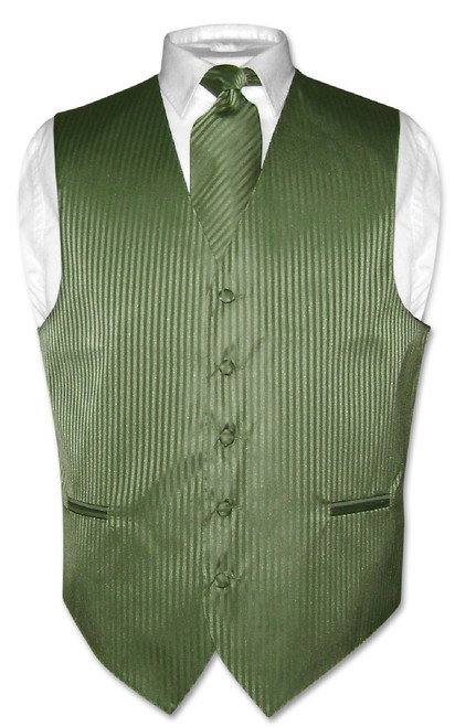 Mens Dress Vest & NeckTie Olive Green Color Vertical Striped Set
