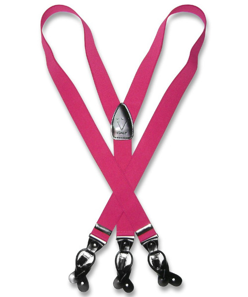 Mens Hot Pink Fuchsia Suspenders Y Shape Back Button & Clip Convertible