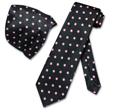 Vesuvio Napoli Black Lt. Pink Polka Dots NeckTie Handkerchief Tie Set