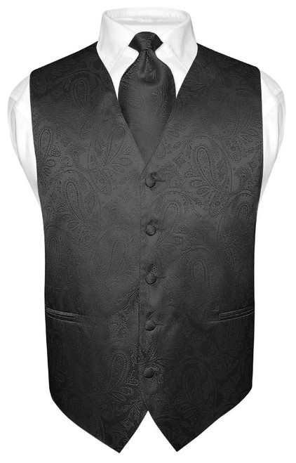 Black Paisley Tie And Black Paisley Tuxedo Vest Set For Men