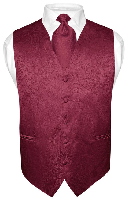 Mens Paisley Design Dress Vest & NeckTie Burgundy Color Neck Tie Set