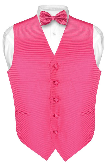 Mens Dress Vest BowTie Hot Pink Fuchsia Woven Horizontal Stripe Set