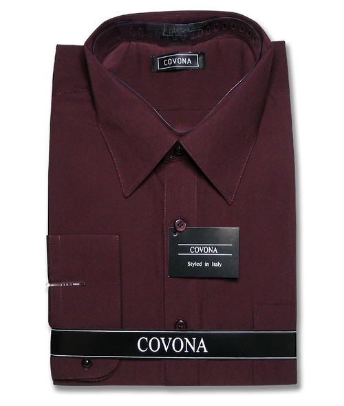 Covona Mens Solid Burgundy Color Dress Shirt with Convertible Cuffs