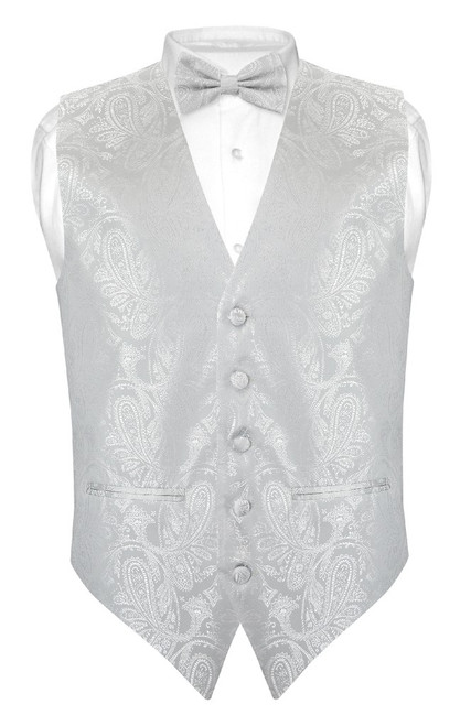 Mens Paisley Slim Fit Dress Vest Bow Tie Silver Grey BowTie Hanky Set