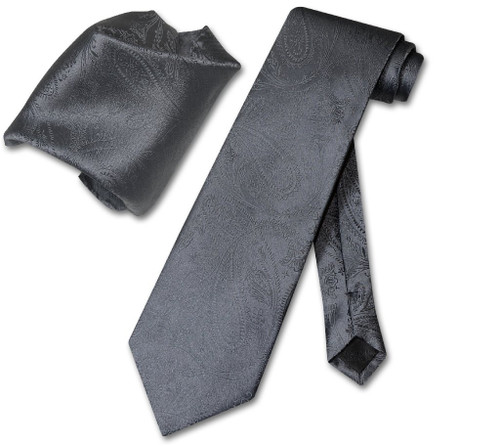 Vesuvio Napoli Charcoal Grey Paisley NeckTie Handkerchief Neck Tie Set