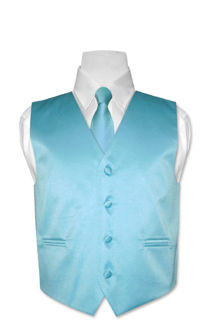 Covona Boys Dress Vest NeckTie Solid Turquoise Blue Neck Tie Set sz 12