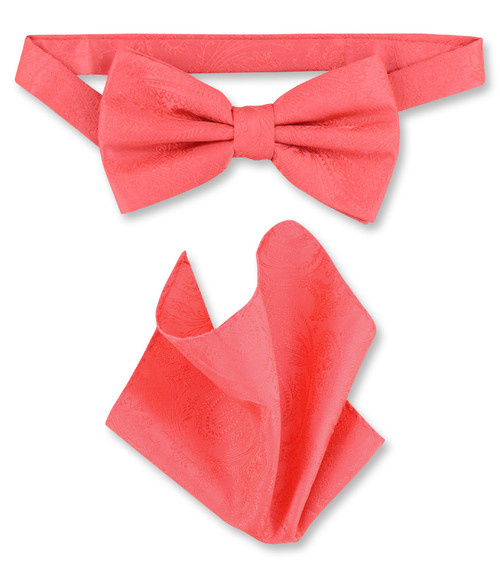 Coral Pink Paisley Bow Tie Handkerchief Set Mens Bowtie Set 