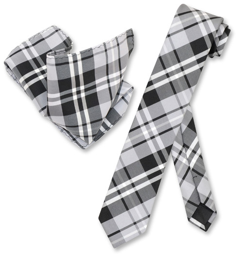 Black Gray White Plaid Skinny Tie Handkerchief Set | Necktie Set