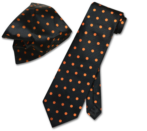 Black with Orange Polka Dot Skinny Neck Tie And Handkerchief Set