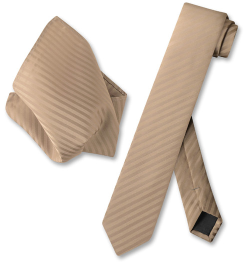 Mocha Light Brown Vertical Stripe Skinny Tie And Handkerchief Set