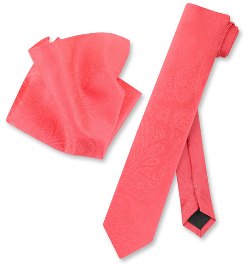 Coral Pink Paisley Skinny Tie Handkerchief Set | Necktie Hanky Set