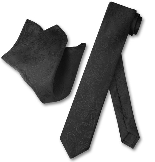 Mens Black Paisley Skinny Tie Handkerchief Set | Necktie Hanky Set