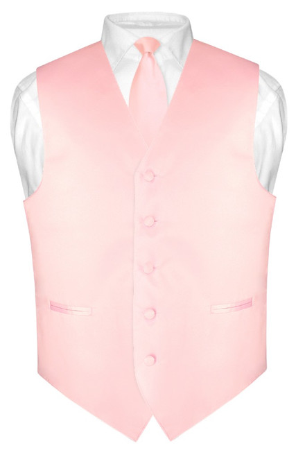 Mens Dress Vest Skinny NeckTie Solid Pink Color 2.5" Neck Tie Set