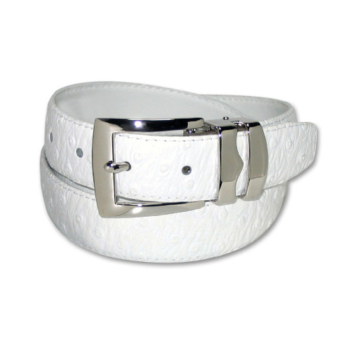 Ostrich Pattern White Bonded Leather Mens Belt Silver-Tone Buckle