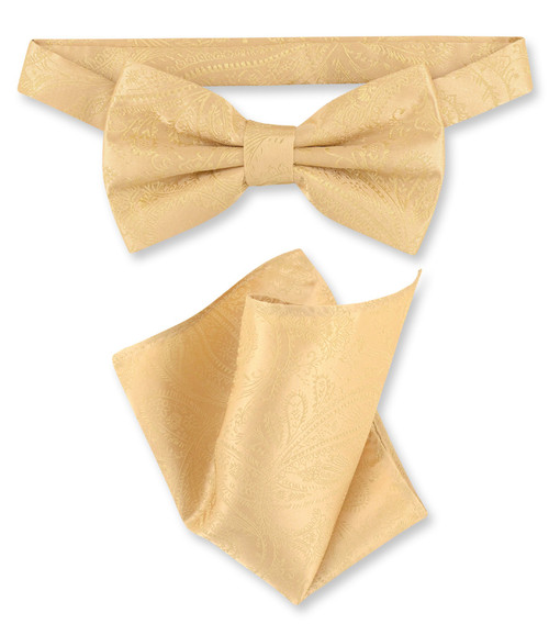 Gold Paisley Bow Tie Handkerchief Set | Mens BowTie Hanky Set
