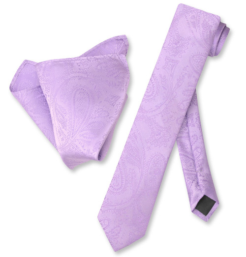 Lavender Purple Paisley Skinny Tie Hanky Set | Necktie Hanky Set