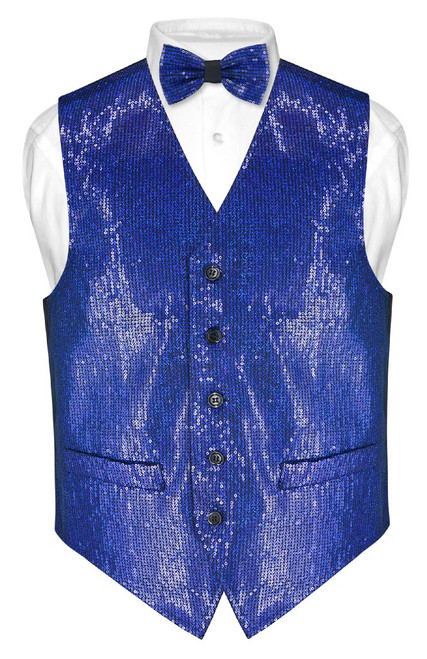 Mens SEQUIN Design Dress Vest & Bow Tie Royal Blue Color BowTie Set