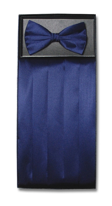 Silk Cumberbund BowTie Solid Navy Blue Mens Cummerbund Bow Tie Set