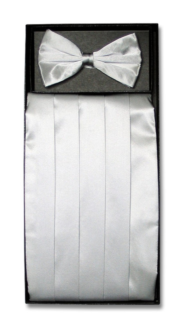 Silk Cumberbund BowTie Solid Silver Gray Mens Cummerbund Bow Tie Set