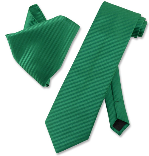 Vesuvio Napoli Emerald Green Striped NeckTie Handkerchief Neck Tie Set