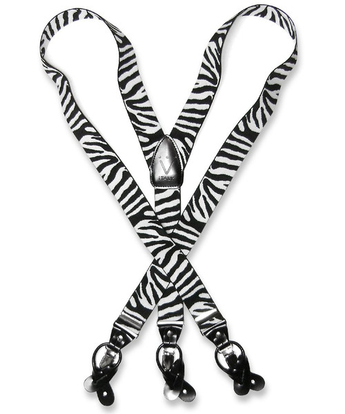 Mens Zebra Print Suspenders Y Shape Back Elastic Button & Clip
