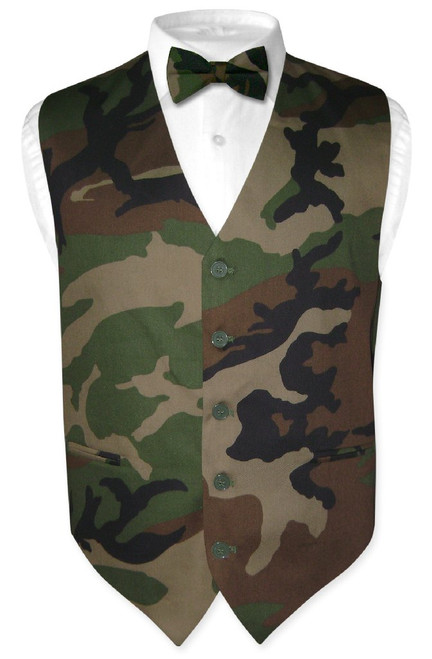 Mens Army Dress Vest & BowTie Dark Green Camouflage Bow Tie Set Medium