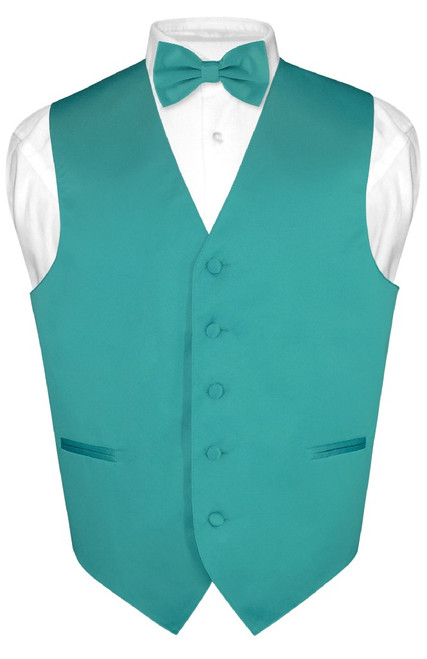 Mens Dress Vest & BowTie Solid Teal Color Bow Tie Set