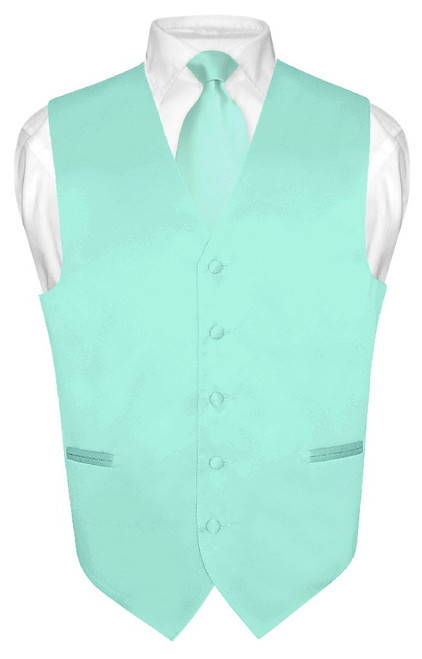 Mens Dress Vest & NeckTie Solid Aqua Green Color Neck Tie Set