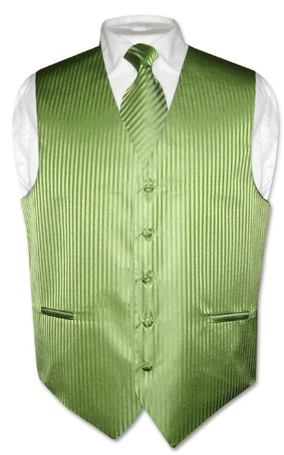 Mens Dress Vest NeckTie Spinach Green Vertical Stripe Neck Tie Set