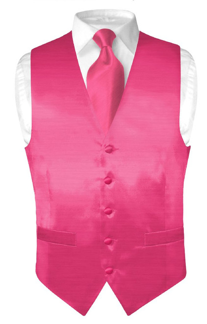 Biagio Mens Hot Pink Fuchsia Bamboo Silk Dress Vest Neck Tie Set sz Sm