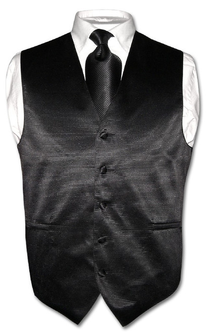 Mens Dress Vest & NeckTie Black Neck Tie Horizontal Striped Design Set