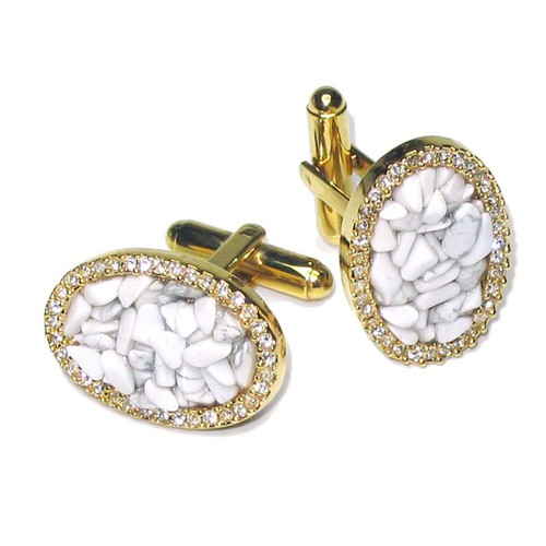 Gold-Tone CuffLinks Elliptical White Stones Mens Cuff Links